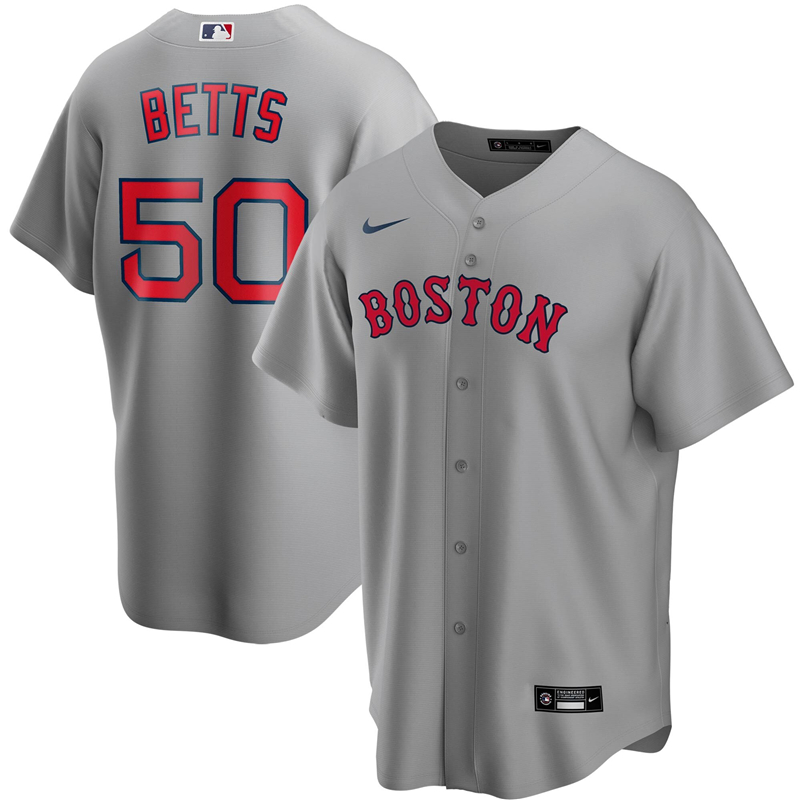 2020 MLB Men Boston Red Sox 50 Mookie Betts Nike Gray Road 2020 Replica Player Jersey 1